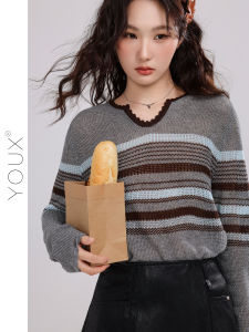 เสื้อสเวตเตอร์คอวีสีเทาลายทาง ทรงหลวม แขนยาว ปกติ สำหรับผู้หญิง ฤดูใบไม้ร่วง 2025 แฟชั่นใหม่ อบอุ่น นุ่มสบาย โพลีเอสเตอร์