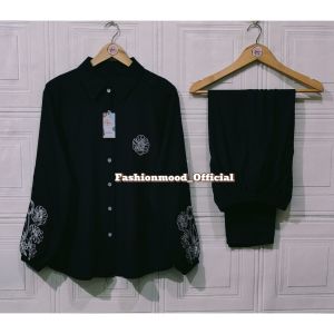 ONE SET KEMEJA WANITA POLOS BORDIR BUNGA POLO LINEN PREMIUM // SETELAN LENGAN PANJANG CELANA PANJANG KEKINIAN // SETELAN WANITA HARIAN // SETELAN BORDIR