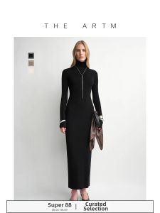 Merino Wool Turtleneck Slim Fit Ribbed Long Dress
