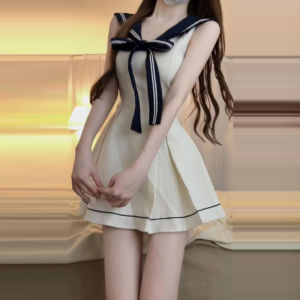 CHANGTONG | ชุดเดรสแขนกุดคอปกสีน้ำเงินสไตล์มัลติวิทยาลัย Miu สำหรับผู้หญิงในฤดูร้อน กระโปรงสั้นเข้ารูปเอวเข้ารูป ชุดเดรสคอปกสีน้ำเงินแบบผูกโบว์