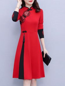 Elegant plus Size Cheongsam Dress Korean Style Commute Long Sleeve Mid-Length Princess Skirt for Women in Their Forties