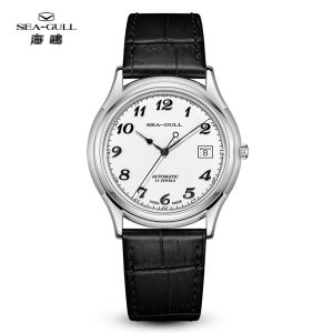 Seagull Casual Ultra-Thin Automatic Mechanical Watch Waterproof Calendar Wristwatch Fashionable round Steel Case Leather Band