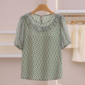 Geometric Pattern Lace Trim Loose Short Sleeve Chiffon Top