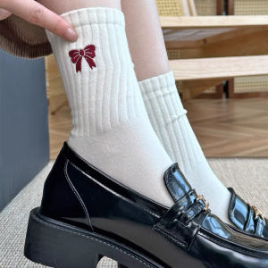 【Small Chrysanthemum】Anchor Red Sports Casual Socks Bow Mid-Tube Striped Autumn and Winter Pure Cotton Socks for Women