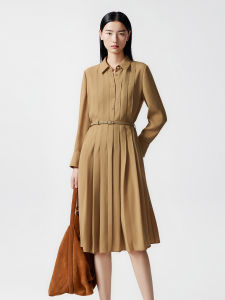 Lancy Autumn 2025 New Style Three-acetate Fiber Shirt Collar Gathered Waist A-line Skirt Dress Elegant Commute Long Sleeve Midi Dress