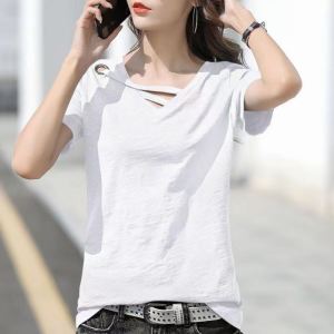 Lieoyuarn | Loose Bamboo Cotton T-Shirt V-Neck Plain Short Sleeve