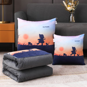 ผ้าห่มและหมอนอเนกประสงค์หนาพิมพ์ลายดอกไม้ผ้าขนแกะคาร์เมอร์สำหรับใช้ในรถยนต์และสำนักงานในช่วงฤดูหนาว