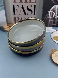 4 x 2 นิ้ว ครีม-น้ำตาล ครีม-เทาดำ และ น้ำเงิน-ดำ 3 สี จานขอบทอง ทรงขอบสูง