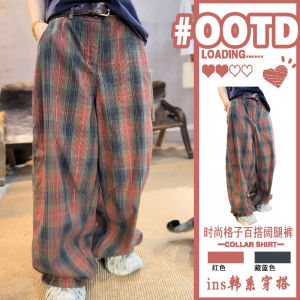 กางเกงขายาวทรงหลวมสไตล์ย้อนยุคสีแดงลายสก็อตผ้าลินินสำหรับผู้หญิง กางเกงขายาวทรงหลวมสำหรับใส่ลำลองในฤดูร้อน
