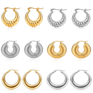 VQYSKO Stainless Steel PVD High Grade Hollow Design Chunky Gold Color Hoop Earrings Thread Texture Statement Earrings For Women