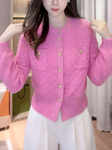 QINGNAER | Pink Shimmer Plaid Slim Fit Knit Cardigan For Autumn/Winter Large Size Women