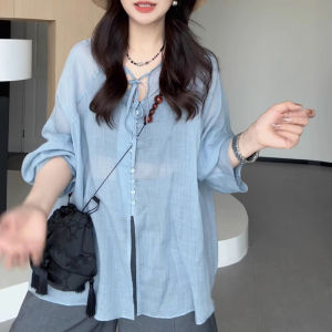 BINKAFENNY | Slimming Plus Size Blue Tied Sun Protection Shirt Coat