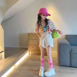 Girls Short Sleeve Dopaamine Print Two-Piece Set Summer Outfit Short Pants Korean Style Middle And Large Children New Arrival