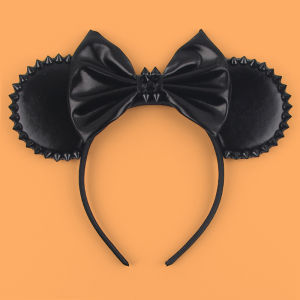 1pc Disney Mickey Mouse Ear Hair Hoop Pu Leather Sequins Butterfly Knot Personalized Rivet Holiday Party Wear Halloween Headband