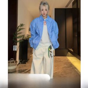 Blue Striped Mens Shirt Jacket Autumn Set Miu Style American Flight Jacket Long Sleeve Fashionable Youth Outerwear Set