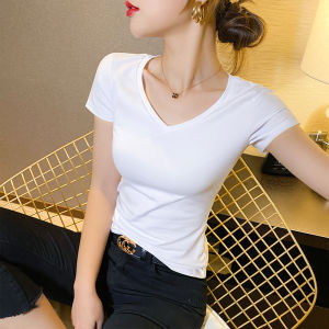 เสื้อยืดคอวีผู้หญิงทรงหลวม ทรงเข้ารูป ทรงเข้ารูป แขนสั้น ฤดูร้อน 2024 เสื้อเชิ้ตคอกลมแขนสั้นผ้าฝ้ายแท้