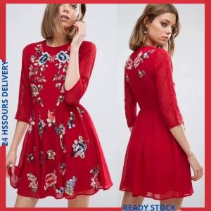 CFBOUTIQUE Woman Euro Inspired Fashion Floral Embroidered 3/4 Sleeve Dinner Summer Dress