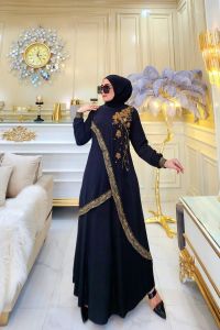 Gamis Abaya Turkey Motif Bunga Dada Emas #535