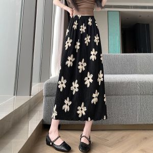 Vintage Print Skirt Summer Plus Size Slimming High Waist Stretch Back Slit