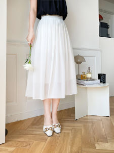 กระโปรงจีบผ้าชีฟองเอวสูง กระโปรงยาวปานกลาง กระโปรงสั้นฤดูร้อน สไตล์หวานๆ สำหรับผู้หญิง กระโปรงทรงเอสีขาว
