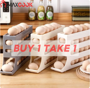 MAXCOOK 4 Tiers Egg Holder Storage Box Kitchen Refrigerator Organizer Auto Rolling 30 Egg Carrier Crisper Space Saving Eggs Dispenser