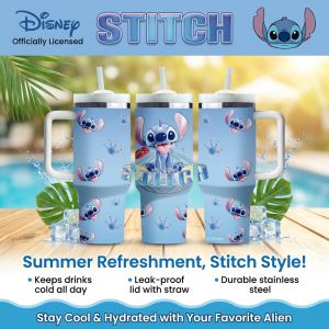 Disney | 1pc 40oz Cartoon Stitch Stainless Steel Water Bottle Insulated Tumbler Cup for Hot & Cold Drinks with Handle & Straw Daily Use
