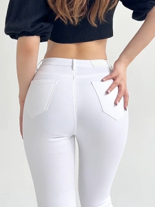 Women's White Skinny Denim Pants: High-Quality Jeans for Women - Tattered Tear Denim Trousers, Stretch Ripped, Hollow Denim Pants