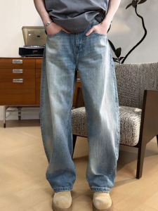 Spring Summer New Mens Washed Blue Banana Wide Leg Jeans Casual Loose Fashionable Urban Style Straight Cut Loose Fit Jeans