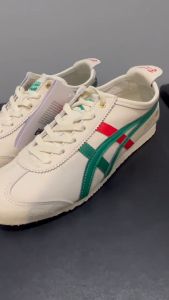 รองเท้าสำหรับทั้งหญิงและชายลายเสือแท้ MEXICO 66รองเท้ากีฬารองเท้าลำลองใช้ได้ทั้งชายและหญิงย้อนยุคคลาสสิกรองเท้าหนังแฟชั่นใส่สบายปิดสีขาว/เขียวแดง2025