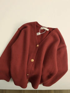 เสื้อคาร์ดิแกนถักคอวีหนาสำหรับผู้หญิง ทรงหลวม สีแดง ฤดูใบไม้ร่วง/ฤดูหนาว เสื้อคลุมกันหนาว ขนกระต่าย คอวี แขนยาว ปกติ