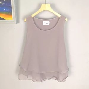 Womens Summer Short A-Line Vest Pure Color Double Layer Chiffon Outerwear Lace Hem Korean Style Lightweight Simple Design