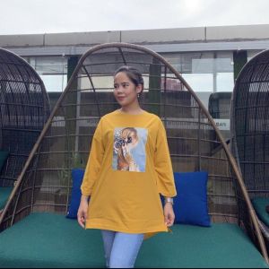 Tunik Kaos Import  Atasan Wanita Oversize Desain Dengan Motif Yg Unik Pita / Mutiara Timbul Bahak Cotton Combed 30s