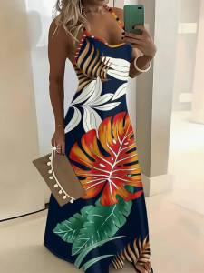 Printed Design Red Green White Tropical Leaves Navy Spaghetti Strap Maxi Dress