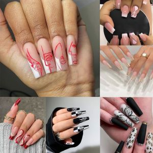 HUASHE ตะปูปลอมเครื่องมือทำเล็บคลุมทั้งหมดถอดได้24ชิ้น/กล่องเล็บปลอมสวมใส่เล็บปลอม