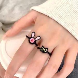 เครื่องประดับนิ้วสำหรับงานปาร์ตี้ แหวนกระต่ายแมวสีดำตล 2ชิ้น คู่พังค์เปิดใหม่แฟชั่นใหม่