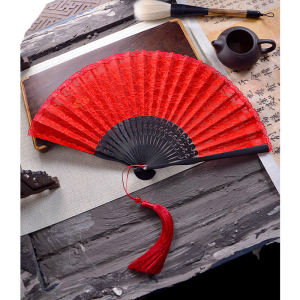 Red Lace Folding Fan: A Traditional Chinese Dance Fan for Women