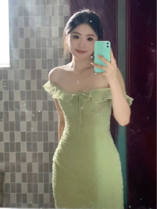 PEIZIXUAN | Elegant French Style Green Beach Resort Strappy Dress