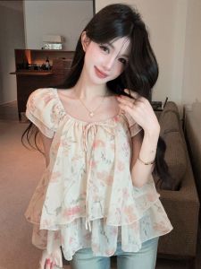 GUZILIAN | Sweet Style Flower Ruffled Sleeve Summer Blouse for Women