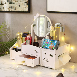 Elegant Cosmetic Storage Box with Mirror Integrated Desktop Makeup Desk Skincare Product Organizer Makeup Case Cabinet