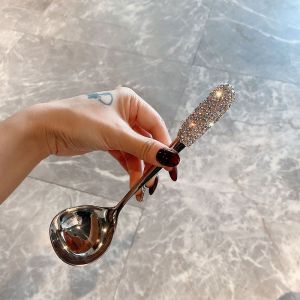 Thickened Stainless Steel Kitchen Soup Spoon Luxury Embedded Diamond High Temperature Resistant Creative Home Use Porridge Spoon