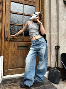 กางเกงยีนส์ทรงตรงเอวสูงสไตล์อเมริกันย้อนยุค ทรงสลิมฟิต กางเกงยีนส์ทรงตรงลำลองสำหรับผู้หญิง ฤดูใบไม้ผลิและฤดูร้อน