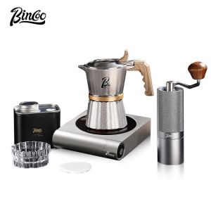 BINCOO 3 Valve 316 Stainless Steel Moka Pot with Stove Stovetop Coffee Maker Set Italian Espresso Pot with Grinder Set 2Cups