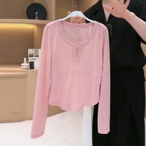 New Pink V-Neck Asymmetrical Thin Long Sleeve T-Shirt Women Summer European Style Base Shirt Slightly Transparent Sunshade Top