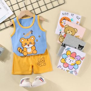 TINGQI 0-7 Years T-shirt Vest Tops With Shorts Clothing Sets For Toddler Baby Boys Girls Homewear Sleeveless Pajama Suit Kids Boy Girl Clothes Sets