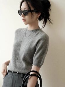 French Style Gray round-Collar Shoulder Knitting Short Sleeve T-shirt Sweater Base Female Summer Thin Half Sleeve Slim Bottoming Top
