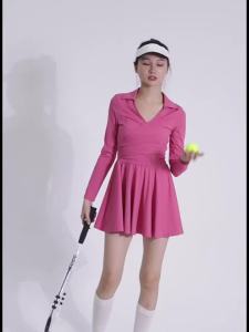 [Rexue]Sean Tsing® Tennis Golf Dresses with Shorts Women Long Sleeve Turn Down Collar Dress for Athletic Workout Badminton Volleyball