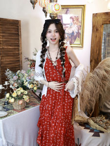 Bohemian Floral Red Off-Shoulder Long Dress Sweet Atmosphere V-Neck High Waist Split Holiday Wear Womens Maxi Dress