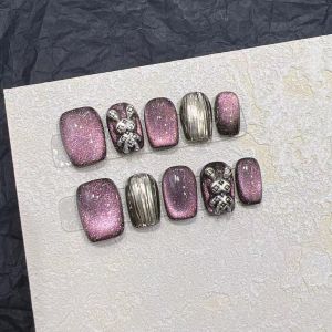 Handmade Short Wear Nail Tips Purple Crystal Cat Eye Design Cute Rebel Rabbit Theme Fake Nails Advanced Sensation Dark Style