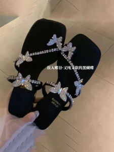 Comfortable Rhinestone Butterfly Strap Sandals Womens Slip-On Summer Shoes Anti-Slip Fairy Style Square Heel Breathable PU
