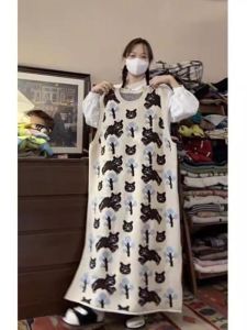 Japanese-Style Retro Cartoon Cat Mid-Length Sweater Female Fall and Winter Thicken Lazy Style over the Knee Knitting Vest Dress